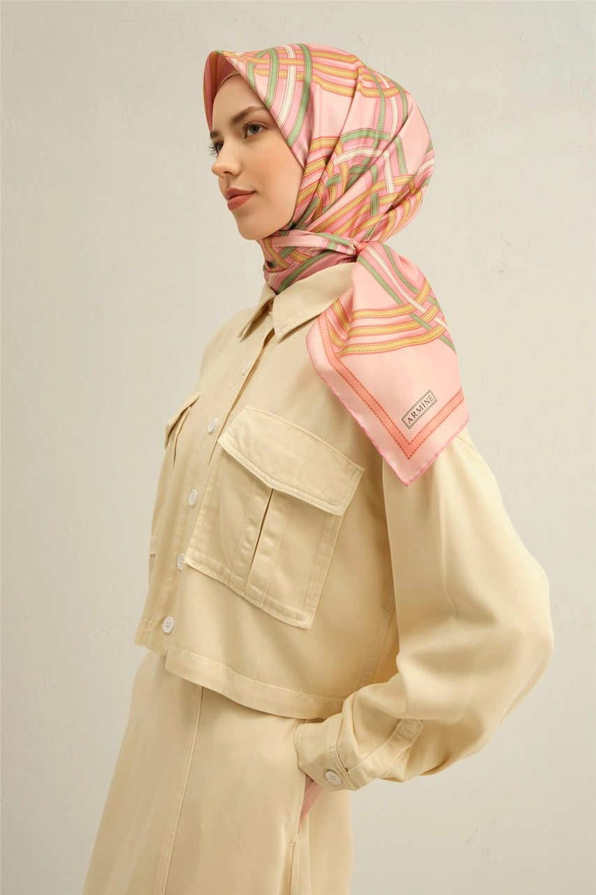 Armine Klasik Desenli Saf İpek Twill Eşarp 9333d 06 Pembe