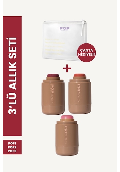 Yanak Ve Dudak Renklendirici Stick Allık Seti 3 Renk Allık Ve Makyaj Çantası Çok Renkli