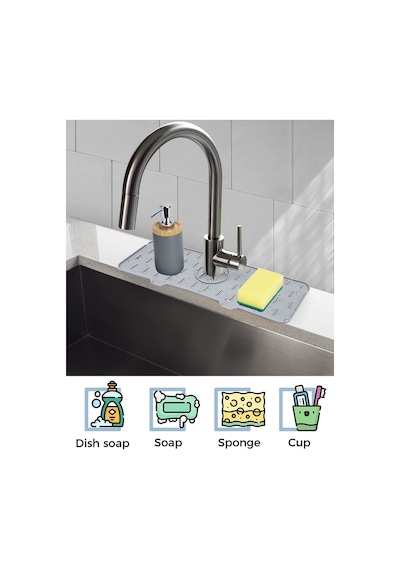 Mucit Home Silikon Musluk Matı Su Geçirmez Lavabo Kenar Damlatmaz Altlık Düzenleyici Mat Gri