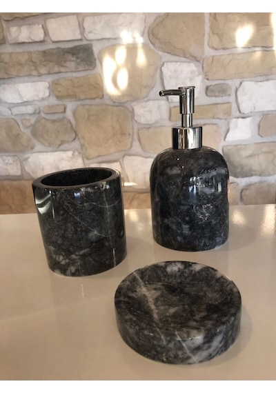 Siyah Dalgalı Mermer 3'lü Banyo Seti Beyaz