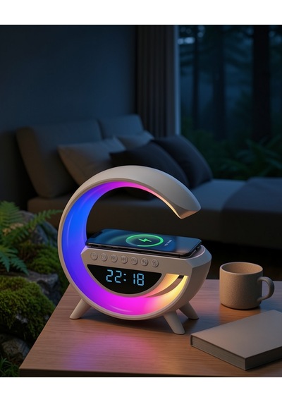 Kablosuz Şarjlı Led Işıklı Masa Saati Bluetooth Hoparlör Uczzzgoogledigital-1 Beyaz