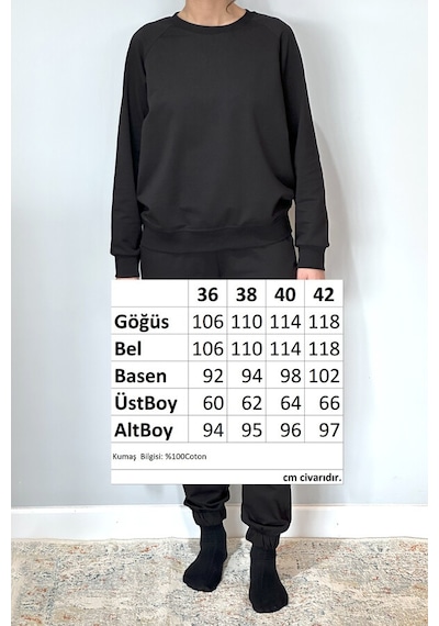 Kadın Sweatshirt Paçası Lastikli Eşofman Takımı 8006 Siyah Siyah