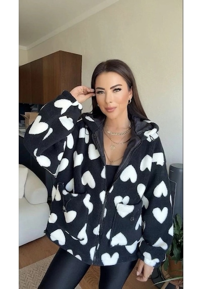 Kalpli Peluş Ceket İçi Astarlı Siyahbeyaz Siyah