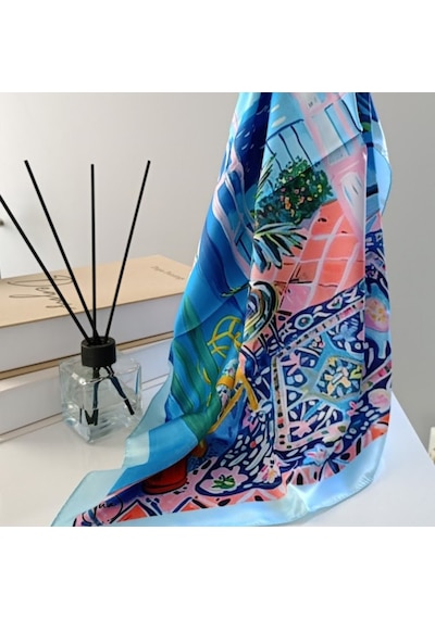 Lente Aksesuar Kadın Çok Renkli Sanatsal Çizgili Premium Kalite İpek Saten Fular 55x55cm Mavi - Pembe