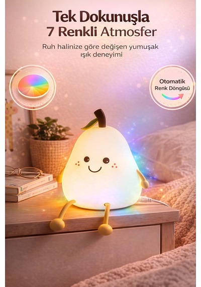 Sevimli Armut Tasarımlı Şarjlı Gece Lambası - 7 Renkli Rgb Dokunmatik Silikon Çocuk Odası Lambası Faroxtech