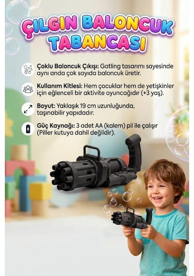 3 Parça Pilli 8 Delikli 19cm Köpük Makinası Ve 2x10ml Baloncuk Sıvılı Eğlenceli Çocuk Oyun Seti Siyah
