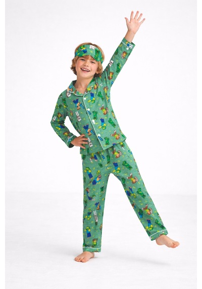 Beka Kids Desenli Uzun Kollu Önden Düğmeli Gömlek Yaka Erkek Çocuk Pijama Takımı Ve Göz Bandı Yeşil Beka Kids Desenli Uzun Kollu Önden Düğmeli Gömlek Yaka Erkek Çocuk Pijama Takımı Ve Göz Bandı Yeşil