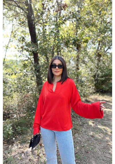 WeShaya Kadın Kırmızı Uzun Kol, Duble Manşet, Yırtmaçlı Yaka, Salaş Sweatshirt Bluz Kırmızı WeShaya Kadın Kırmızı Uzun Kol, Duble Manşet, Yırtmaçlı Yaka, Salaş Sweatshirt Bluz Kırmızı