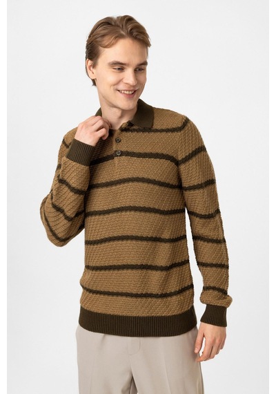 Back&bond Bej Regular Fit Çizgili Yünlü Polo Yaka Triko Kazak Camel