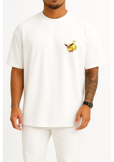 Bahriyeli Collection Oversize Flareon Cep Baskılı Unisex T-shirt Beyaz