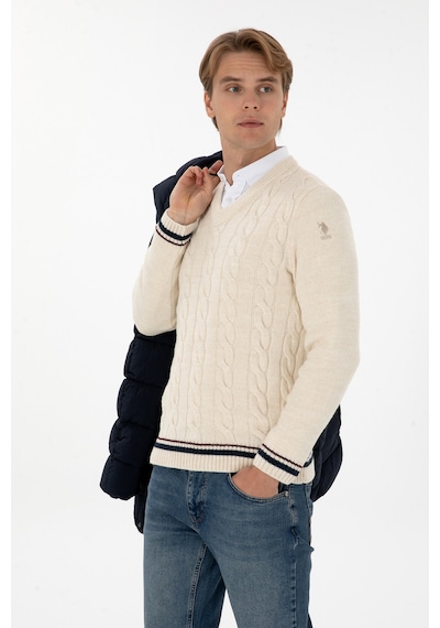 U.S. Polo Assn. Erkek Regular Fit V Yaka Krem Kazak 50308337-VR256