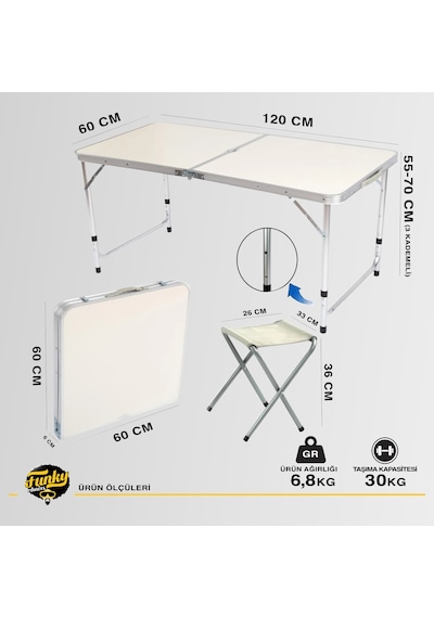 Funky Chaırs Tabureli Katlanabilir Piknik Masası Seti Gri