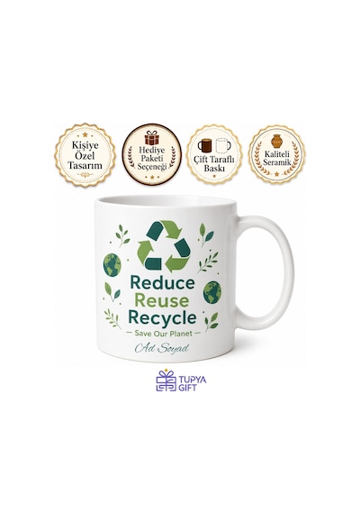 Recycle Baskılı Geri Dönüşüm İngilizce Kupa Bardak Çevreci Hediye Beyaz / Çok Renkli