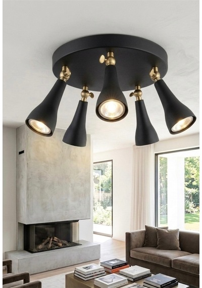 Modern Endüstriyel Retro Konik 5 Li Mafsallı Led Spot Tavan Avize Siyah 40 Cm Metal Gövde Os Ram Led Siyah