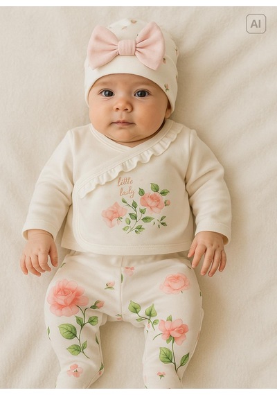 Kitikate Organik Love Roses 5'li Hastane Çıkış Set Ekru Ekru