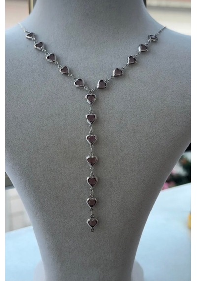 Kadın Kalpli Zirkon Taşlı Gümüş Renk Özel Tasarım Y Model Kolye Pembe