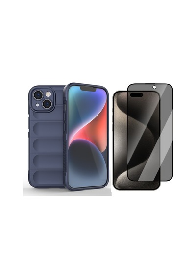Vendas Apple iPhone Uyumlu  15 Kılıf Esnek Tpu Oyuklu Arka Yüzey Zore Etnik Silikon Kapak + Hayalet Ekran Koruyucu Lacivert