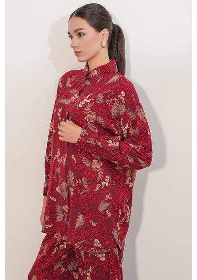 Bigdart Kadın Desenli Oversize Gömlek Pantolon İkili Takım 30098 - Bordo