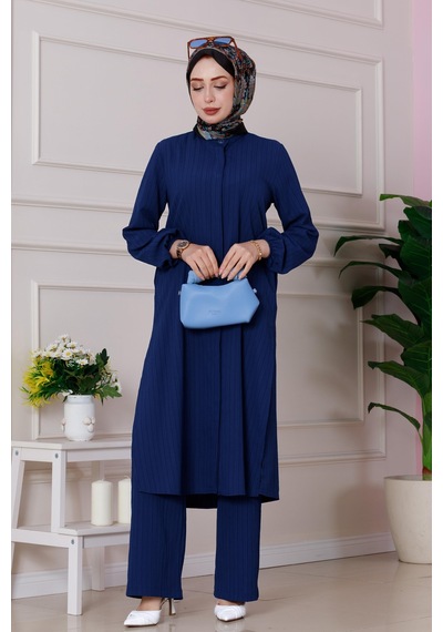 Sevitli Yırtmaç Detaylı Tunik Pantolon Takım-lacivert-4863