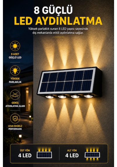Solar Led Duvar Apliği 8 Ledli Bahçe Aydınlatması Güneş Enerjili Dış Mekan Bahçe Lambası, Su Geçirmez Sensörlü