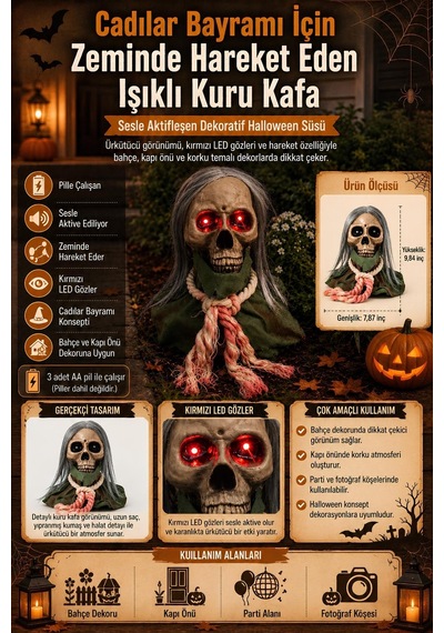 Halloween Cadılar Bayramı Sesle Aktifleşen Zeminde Hareket Eden Işıklı Kuru Kafa Dekoru