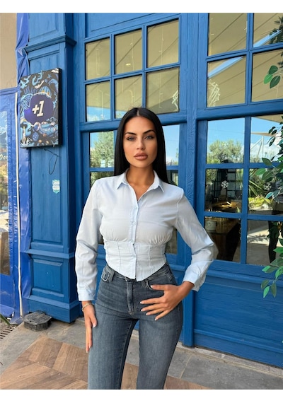 WeShaya Bebe Mavi Polyester Parçalı Desenli Gömlek Bebe Mavi