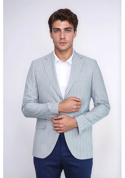 Açık Mavi Çizgili Keten Dokulu Gold Renk Metal Düğmeli Slim Fit Erkek Blazer Ceket Wessi Navy Blue Açık Mavi Çizgili Keten Dokulu Gold Renk Metal Düğmeli Slim Fit Erkek Blazer Ceket Wessi Navy Blue