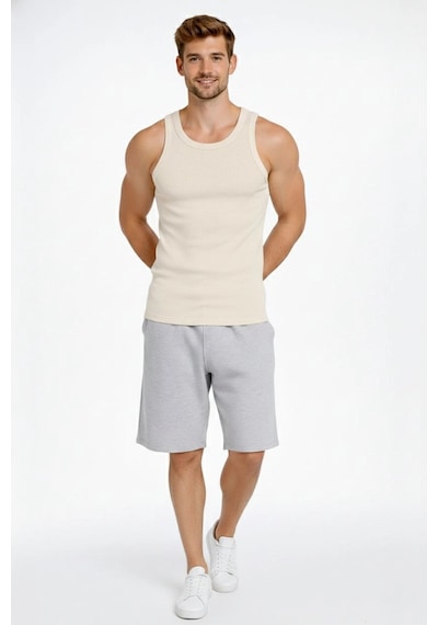 Novalisse Erkek Fitilli Atlet Sıfır Yaka Slim Fit Arka Baskılı Spor Atlet - Krem Çoklu Renk