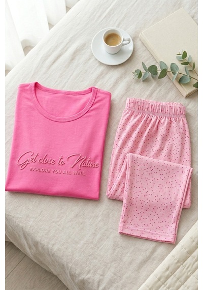 Mataş Kadın Desenli Bambu Viskon Uzun Kollu Soft Örme Mevsimlik Yumuşak Pijama Takımı Pembe