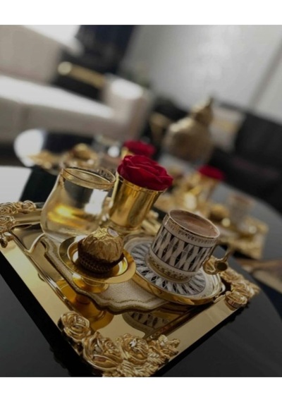 6'li Kahve & Çay & Sunum Tepsisi Metal Döküm Gül Model Gold Çok Renkli