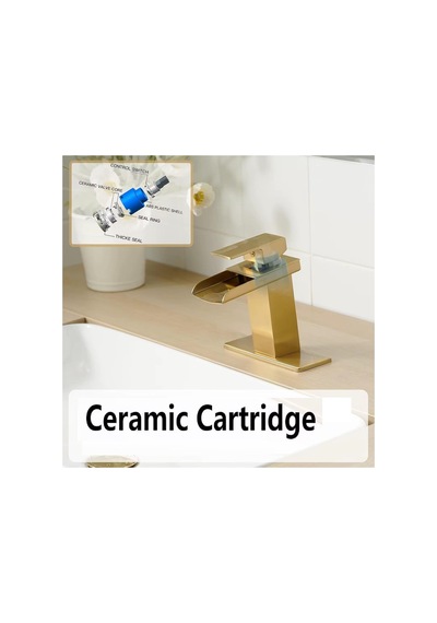 Rena Design Lavabo Bataryasi Mat Gold Şelale Kare Gövde Eğimli Havza Banyo Armatür Çift Giriş Lüks Ergonamik