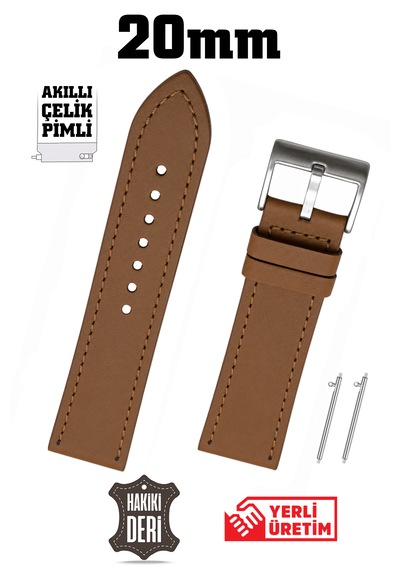 20mm Açık Kahverengi Taba Spor Hakiki Deri Saat Kordonu Kayış Akıllı Pimli