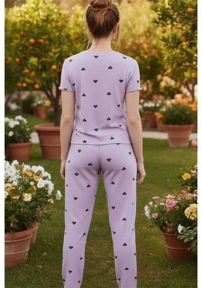 Siyah İnci Lastikli Fitilli Kaşkorse Örme Pijama Takım 26120601 Lila
