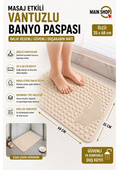 Mainshop 1 Adet Vantuzlu Banyo Ve Duş Kaydırmazı Duşa Kabin Küvet Içi Paspası Balık Desenli 35 X 68 Cm M-10 Bej