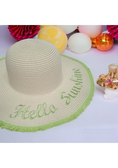 Kadın Hasır Plaj Şapkası Natural Green Sute Bucket Hat Plaj Havuz Bej - Yeşil