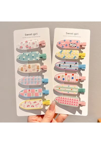 Sweet Girl Konseptli Renkli Kareli, Çiçekli Ve Hayvan Figürlü Metal Pens Maşa Toka Seti 12 Adet Pembe