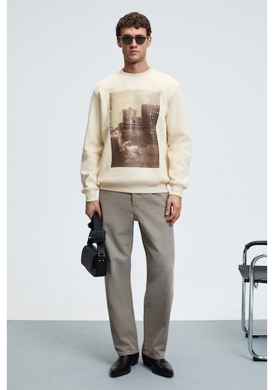 Grımelange ALARIC Erkek Yuvarlak Yaka Önü Baskılı Regular Fit Ekru Sweatshirt