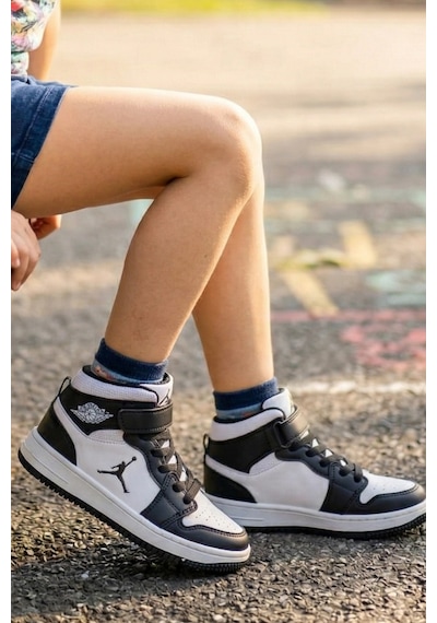 In Step Eveji Siyah Beyaz Çocuk Basketbol Ayakkabısı - Yüksek Bilekli Cırt Cırtlı Sneaker SİYAH-BEYAZ