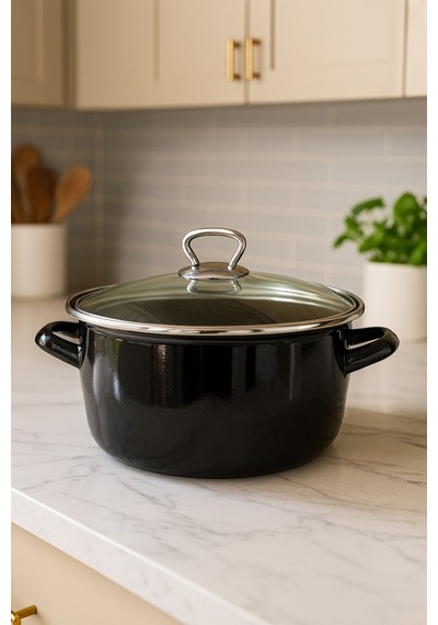 Makri Home 3.5 L Emaye Tencere, 22cm, Iç Dış Emaye Kaplama, Cam Kapaklı, Kızartma Telli, Siyah Siyah