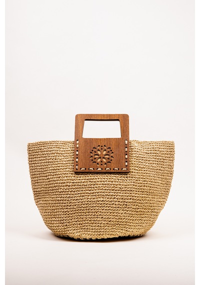 Fabric Craft Bag El Çantası Örgü Kağıt İp Ahşap Saplı Kadın Çanta 40x25 Cm Açık Kahverengi