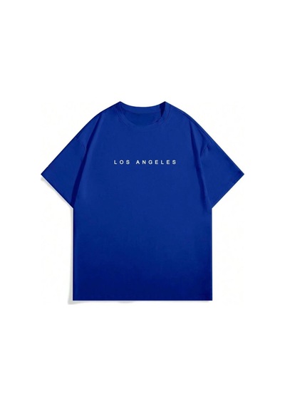 Medinenur Los Angels Yazı Detaylı Basic T-shirt Mavi