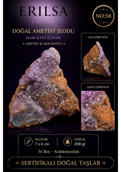 Sertifikalı Doğal Ametist Jeodu Akik Bantlı Kristal Kaya Parçası