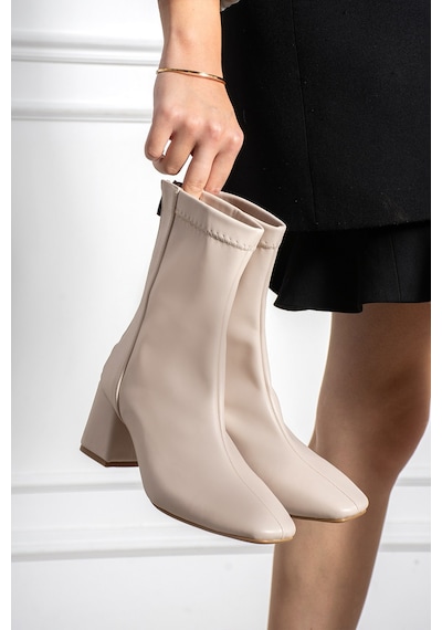Dabab Shoes Lara Kadın Bej Cilt Streç Küt Burun Fermuarlı 6 Cm Kalın Topuklu Bot Bootie
