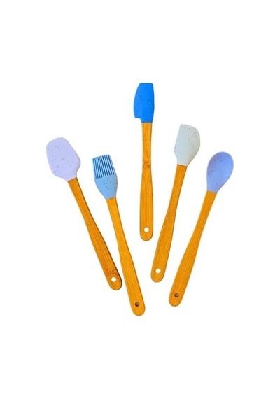 Mutfak Bambu Silikon Isıya Dayanıklı Kaşık Kepçe Takımı 5 Li Set Spatula & Fırça Mavi 0