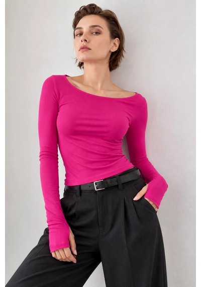 Bb Butik Basic Soft Touch Parmak Geçmeli Kayık Yaka Bluz Mdk35 Fuşya