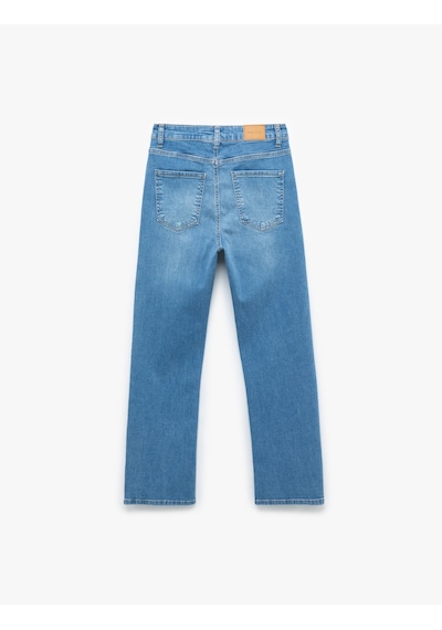 Koton Yüksek Bel Kısa İspanyol Paça Jean Pantolon - Flare Jeans Orta İndigo 5sal40303md