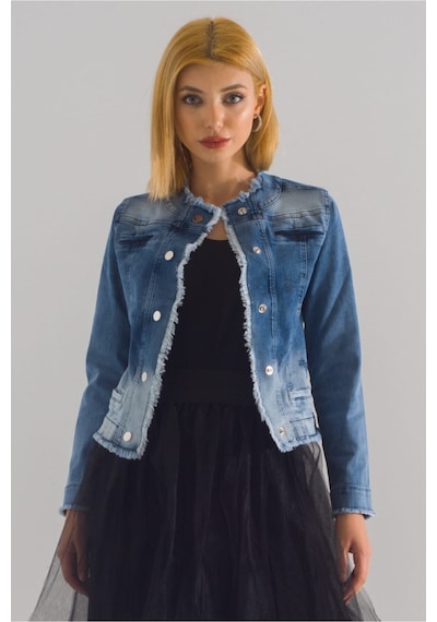 Bold & Young Kadın Yağ Yeşili Power Strech Çıt Çıtlı Slim Fit Denim Ceket mavi