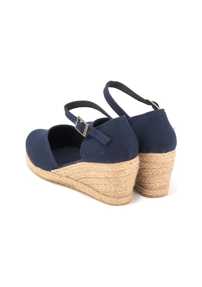 Gerçek Elişi Topuğu Kapalı Bilekten Bantlı Keten Espadril Dolgu Topuk Handmade Lacivert