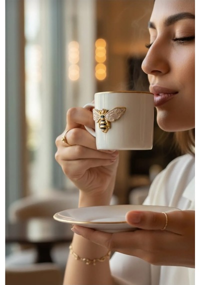 Regna Home Queen Bee 4 Parça 2 Kişilik Yaldızlı Porselen Kahve Fincan Takımı Beyaz