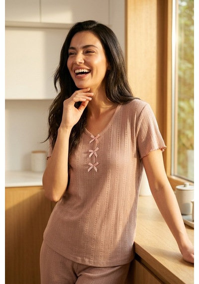Aura Collections Kadın Bambu Viskon Transfer Ribana Kısa Kollu Düğmeli Pijama Takımı Kahverengi